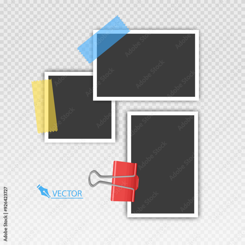 Photo frame set with blank place with sticky tape, paper clip, binder clip on transparent background, Photo frame illustrations on light Photo frame set with blank place with sticky tape, paper clip, binder clip on transparent background, Photo frame illustrations on light