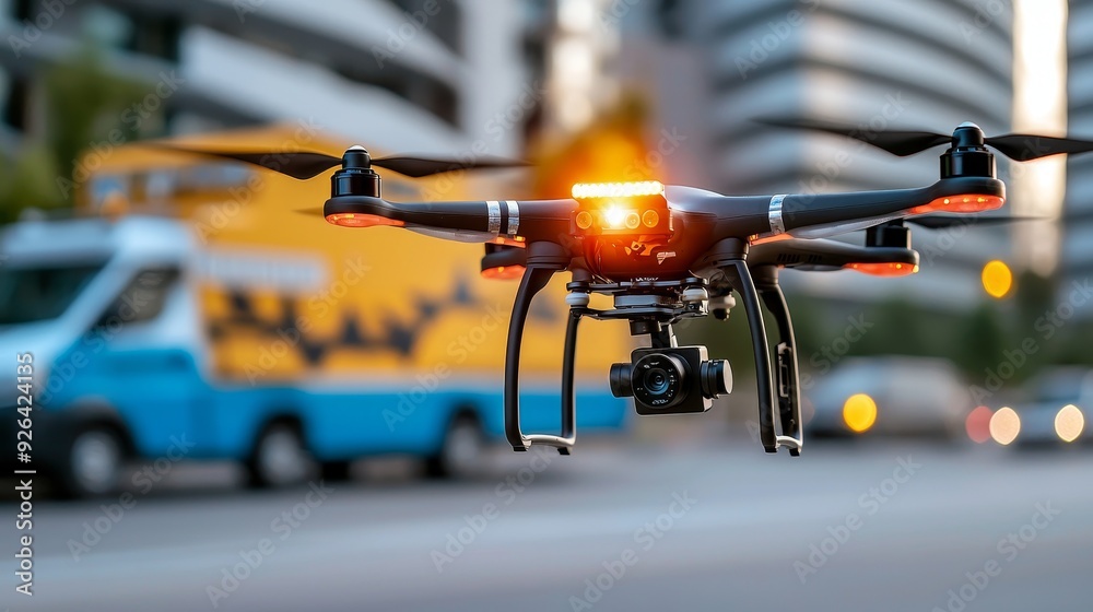 Flying drone ambulance attending accident scene Flying drone ambulance attending accident scene