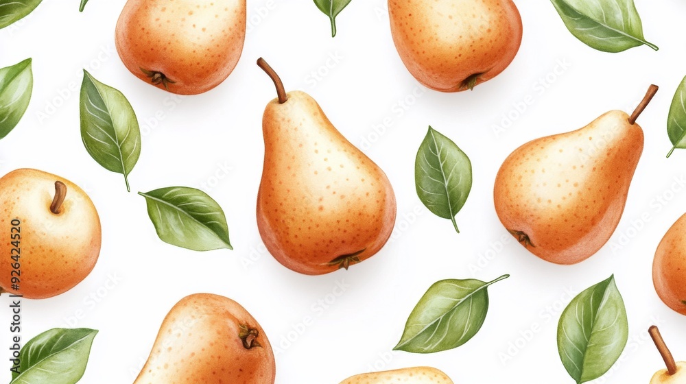 Close up cartoon pears and leaves on a white background. Pear fruit texture Close up cartoon pears and leaves on a white background. Pear fruit texture