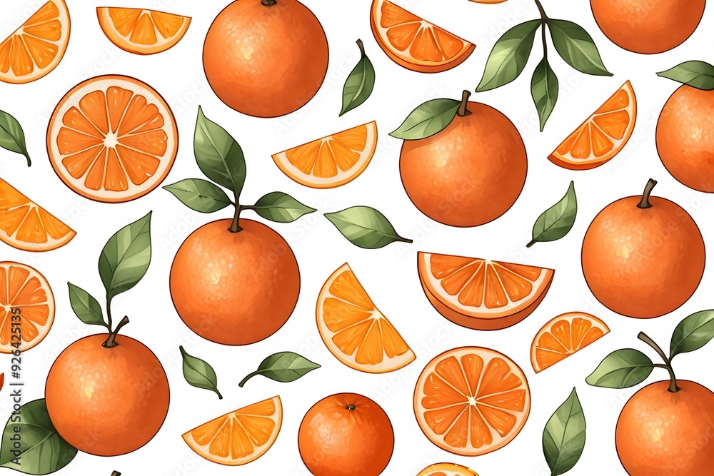 Fresh orange fruit and slices with green leaves on a white background. Fresh orange fruit and slices with green leaves on a white background.