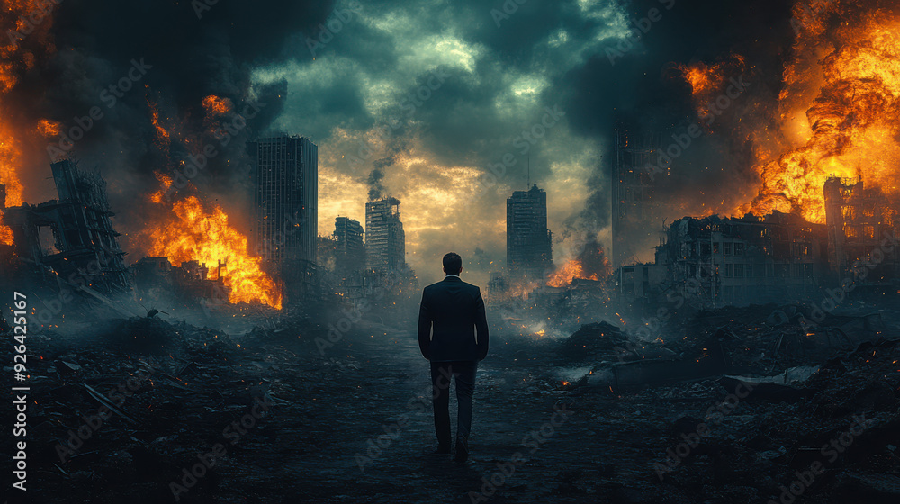 Back view of a businessman walking alone in a post-apocalyptic cityscape with burning buildings, dystopian future Back view of a businessman walking alone in a post-apocalyptic cityscape with burning buildings, dystopian future