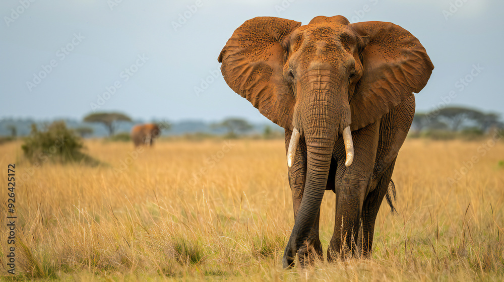 Fototapeta premium African Elephant in the Savanna Walking Majestically Through the Wild Landscape in Africa