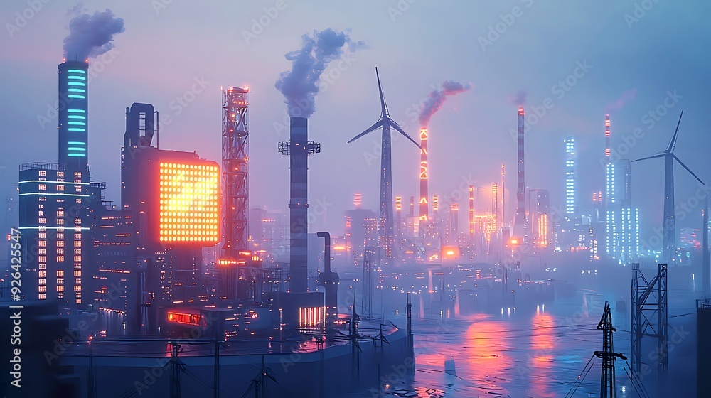 Fototapeta premium A futuristic energy hub with neon-lit power plants and advanced renewable energy sources