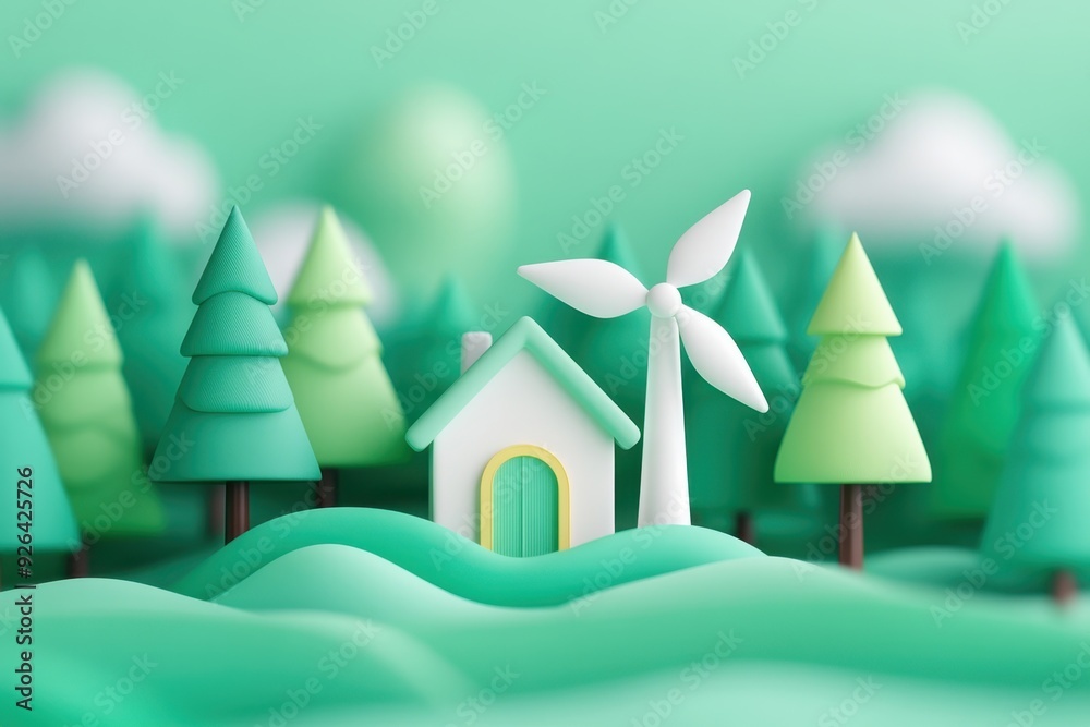 Renewable resources, green energy practices, minimalism, 3D render. A 3D depiction of renewable resources and green energy practices, designed in a clean and minimalist style. Renewable resources, green energy practices, minimalism, 3D render. A 3D depiction of renewable resources and green energy practices, designed in a clean and minimalist style.