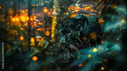 A majestic black jaguar stealthily prowls through a vibrant rainforest, surrounded by shimmering lights and lush greenery.