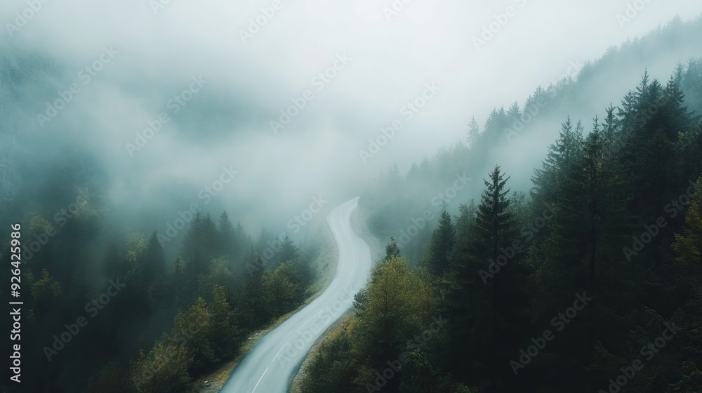 Foggy Winding Mountain Road with Peaks Shrouded in Mist and Dense Forest Along the Path. AI generated illustration Foggy Winding Mountain Road with Peaks Shrouded in Mist and Dense Forest Along the Path. AI generated illustration
