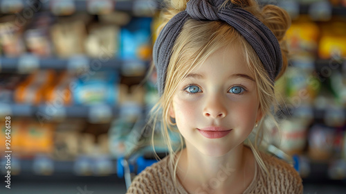 Young girl enjoys shopping in a supermarket with a cart