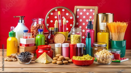 A colorful still life of various discounted products, including household items, cosmetics, and snacks, arranged on a table with a red tag sale sign. photo