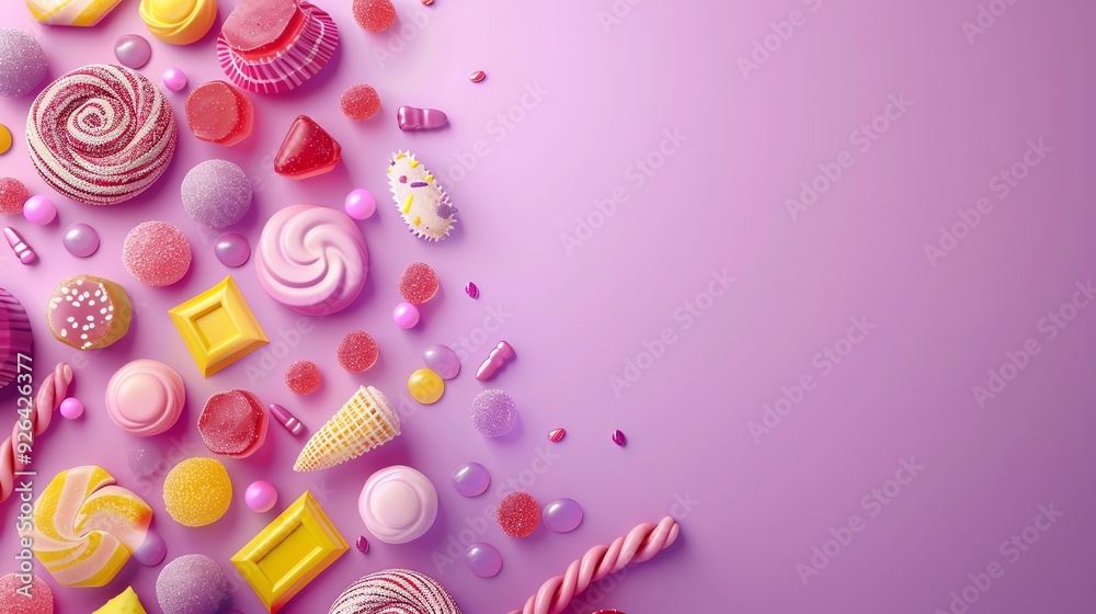 A variety of pink, yellow, and white candies on a purple background. A variety of pink, yellow, and white candies on a purple background.