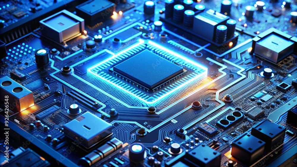A complex electronic circuit board with various components, wires, and microchips, illuminated by a bright blue glow against a dark background. A complex electronic circuit board with various components, wires, and microchips, illuminated by a bright blue glow against a dark background.
