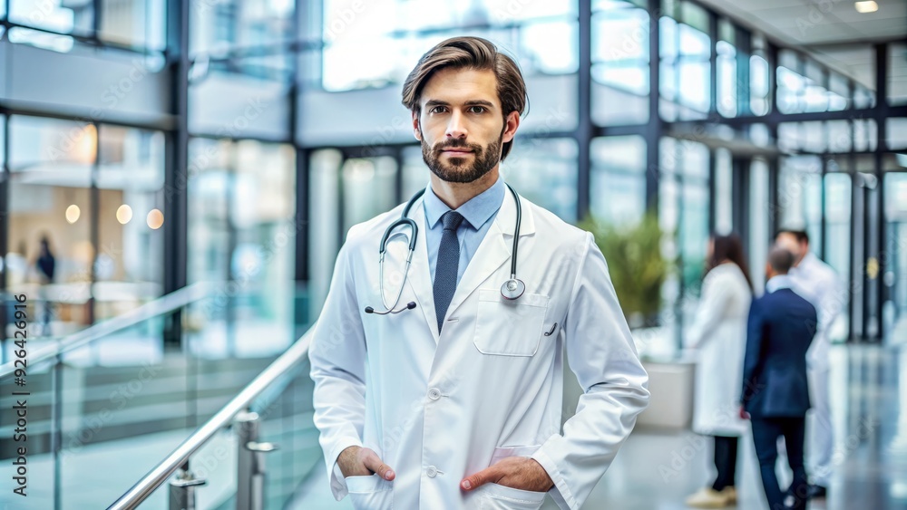 A confident medical professional in a white coat stands with arms crossed, stethoscope draped around neck, exuding expertise and authority in a modern hospital setting.