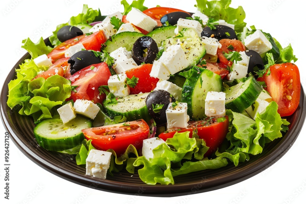 Fresh Greek salad with tomatoes, cucumbers, black olives, and feta on a ceramic plate. Healthy food for summer. Perfect for diet and healthy lifestyle. Food photography. Generative AI Fresh Greek salad with tomatoes, cucumbers, black olives, and feta on a ceramic plate. Healthy food for summer. Perfect for diet and healthy lifestyle. Food photography. Generative AI