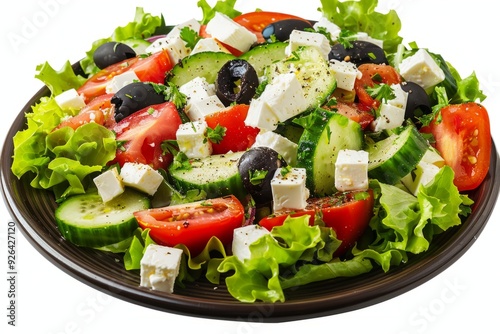 Fresh Greek salad with tomatoes, cucumbers, black olives, and feta on a ceramic plate. Healthy food for summer. Perfect for diet and healthy lifestyle. Food photography. Generative AI