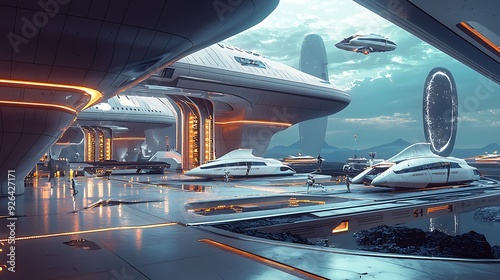 Fototapeta Naklejka Na Ścianę i Meble -  A sci-fi inspired spaceport with futuristic spacecraft and advanced docking systems