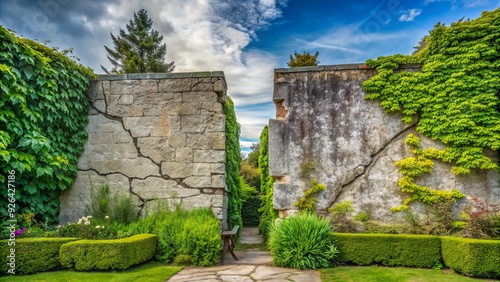 A cracked stone wall separates two distinct gardens, symbolizing discord and division, with one side overgrown and wild, the other manicured and serene. photo