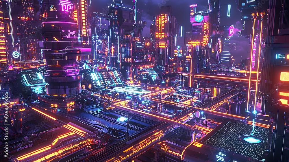 A futuristic energy hub with neon-lit power plants and advanced renewable energy sources