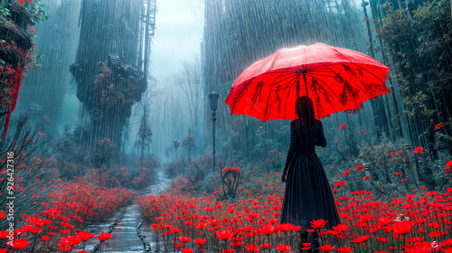 Femme de dos debout avec un parapluie rouge au milieu d'un paysage imaginaire