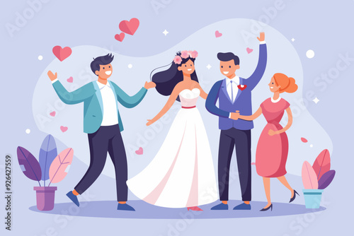 Set of characters bride and groom. Newlyweds dancing, holding hands, hugging
