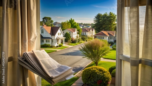 A curious suburban scene unfolds as a peeping curtain and tossed newspaper hint at the intrigue of everyday life in a quiet neighborhood.