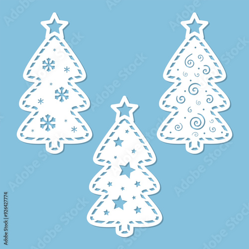 Christmas trees. Set of templates for laser cutting from paper, cardboard, wood, metal. For the design of Christmas and New Year decorations, cards, interior elements, stickers, Christmas tree toys, s