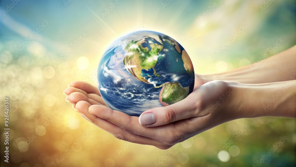 A delicate human hand cradles the Earth, symbolizing care, protection, and responsibility for the planet's future, with a subtle background of creamy white space. A delicate human hand cradles the Earth, symbolizing care, protection, and responsibility for the planet's future, with a subtle background of creamy white space.
