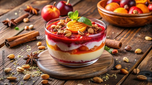 A delicious and vibrant fruit dol dessert, garnished with chopped nuts and a sprinkle of cinnamon, sits on a rustic wooden table. photo