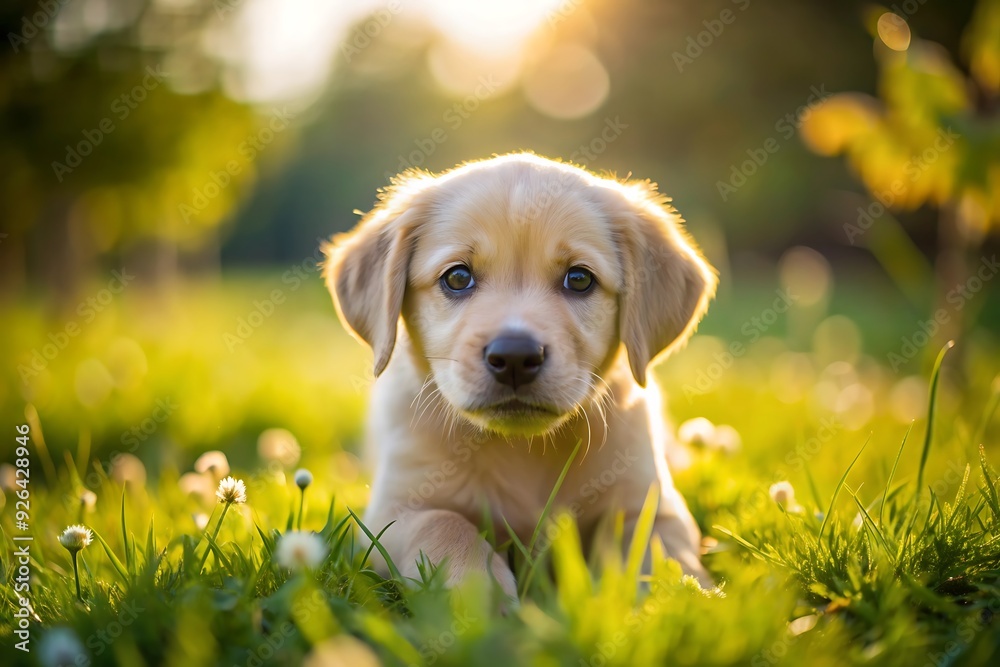 Golden Retriever Puppy in Grass with Sun Flare. Golden Retriever Puppy in Grass with Sun Flare.