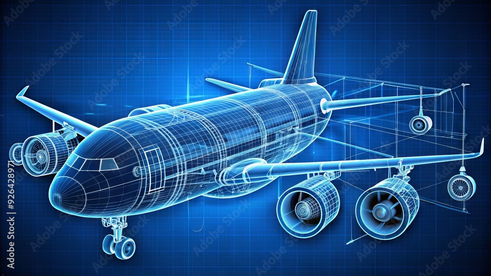 A detailed blueprint of a commercial airliner's design, showcasing ...