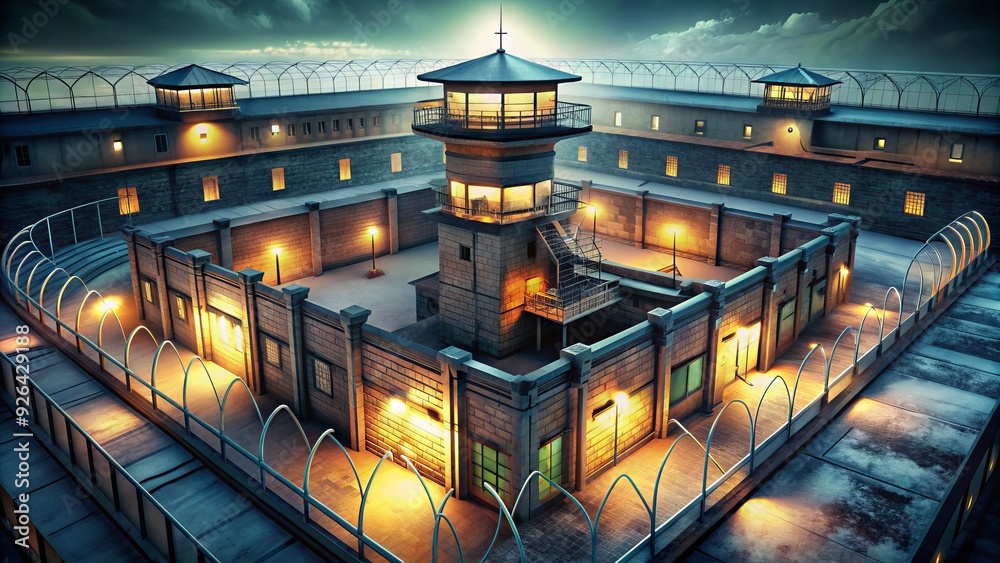 A dimly lit, heavily fortified, and eerie isometric prison complex with barred cells, watchtowers, and coils of barbed wire, evoking a sense of confinement and isolation.