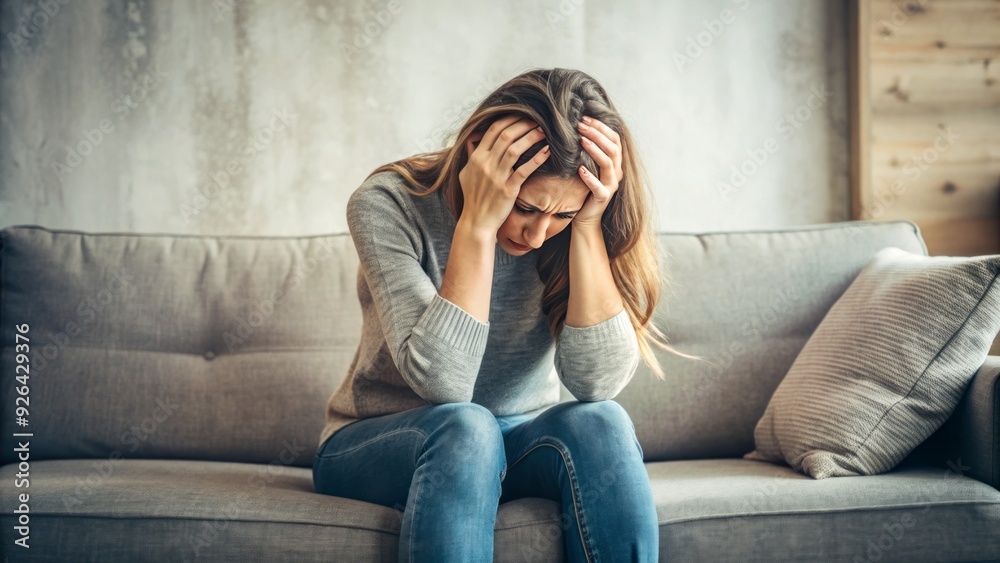 A distressed young adult female sits on a couch with her head in her hands, overcome with emotion, feeling sad, frustrated, and hopeless. A distressed young adult female sits on a couch with her head in her hands, overcome with emotion, feeling sad, frustrated, and hopeless.