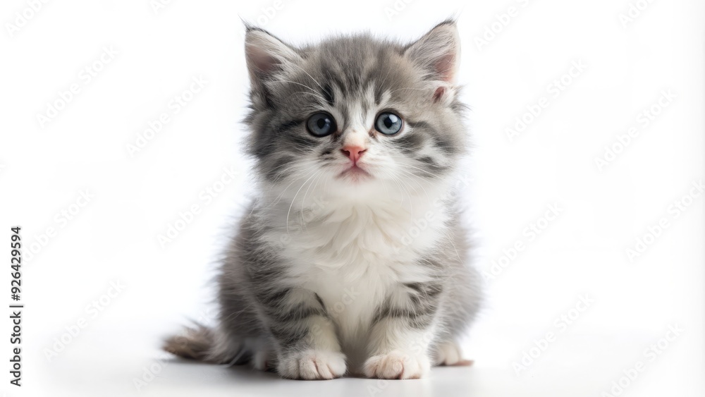 Adorable balls of fluff, a curious little grey and white kitten sits alone on a clean white background, capturing an innocent and playful childhood moment. Adorable balls of fluff, a curious little grey and white kitten sits alone on a clean white background, capturing an innocent and playful childhood moment.