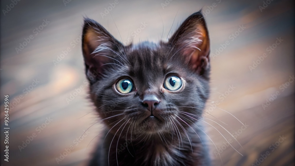 Adorable black kitten with big bright eyes and tiny pink nose peers up with curiosity, whiskers twitching, showcasing innocence and playful charm. Adorable black kitten with big bright eyes and tiny pink nose peers up with curiosity, whiskers twitching, showcasing innocence and playful charm.