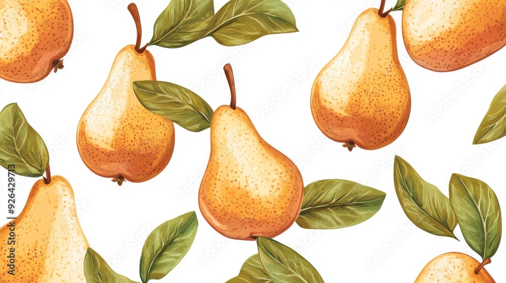 Obraz premium Close up cartoon pears and leaves on a white background. Pear fruit texture
