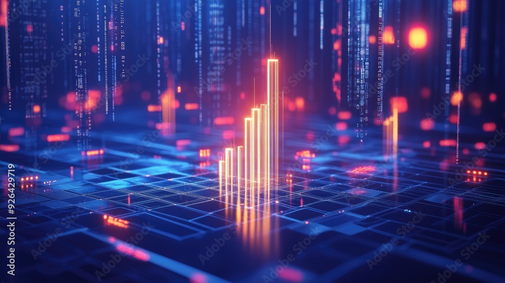 Glowing candlestick chart in 3D on a sleek blue background, showcasing market trends and trading data. Ideal for financial reports and investment analysis. -