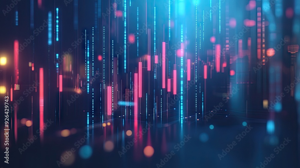 Glowing candlestick chart in 3D on a sleek blue background, showcasing market trends and trading data. Ideal for financial reports and investment analysis. - Glowing candlestick chart in 3D on a sleek blue background, showcasing market trends and trading data. Ideal for financial reports and investment analysis. -