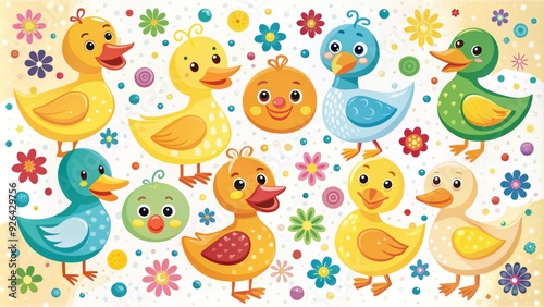 Wallpaper Mural Adorable cartoon ducks in bright colors and playful poses, surrounded by fun shapes and icons, on a white background with subtle texture and curls. Torontodigital.ca
