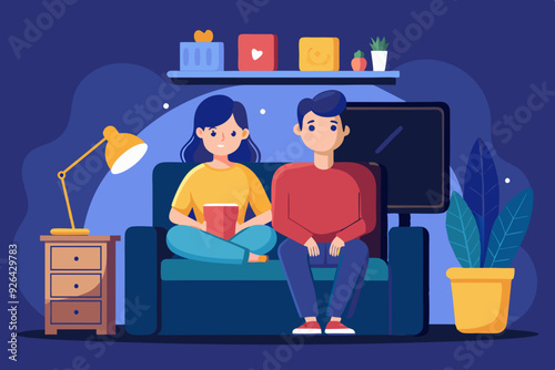 Couple of young people watching TV. Man and woman in a cozy atmosphere watch a movie. Stay at home. Advertising streaming service or online cinema.
