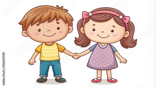 Adorable cartoon-style illustration of a happy sibling duo, featuring a sweet sister and brother standing together, holding hands and smiling at each other.