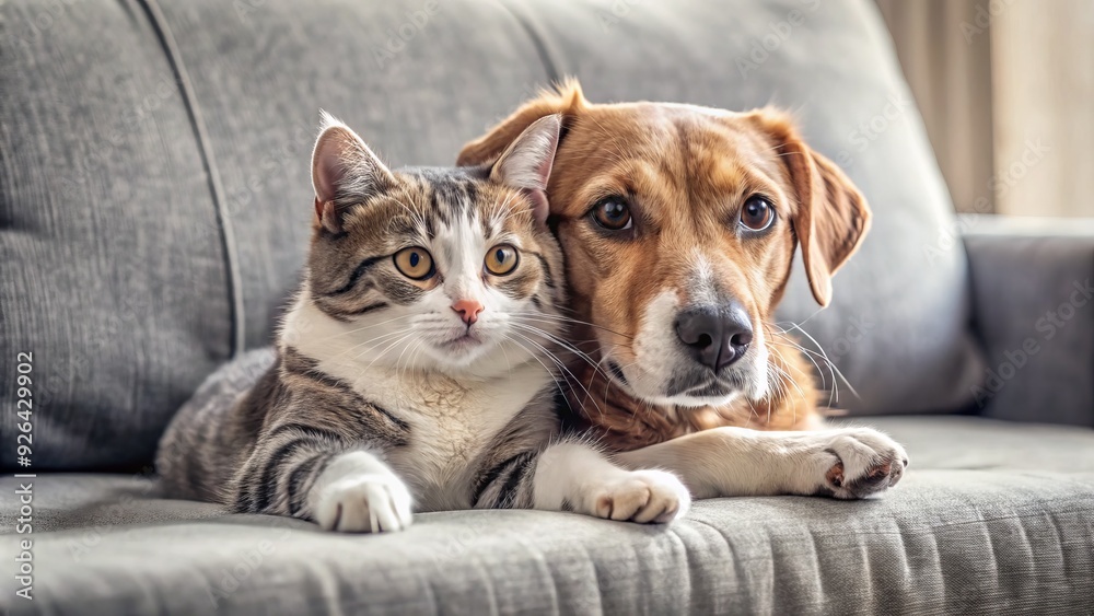 Adorable dog and curious cat become fast friends, cuddling together on a cozy couch, showcasing a heartwarming moment of interspecies companionship and affection. Adorable dog and curious cat become fast friends, cuddling together on a cozy couch, showcasing a heartwarming moment of interspecies companionship and affection.