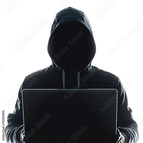 Hacker in black hoddie using laptop isolated on Transparent and white background Hacker and Cybersecurity Concept photo