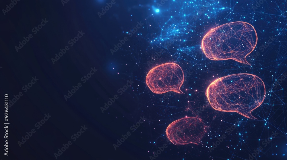 Innovative e-commerce and communication banner featuring glowing speech bubbles in a polygonal style. Dark blue background with space for virtual networking and dialogue content. Innovative e-commerce and communication banner featuring glowing speech bubbles in a polygonal style. Dark blue background with space for virtual networking and dialogue content.