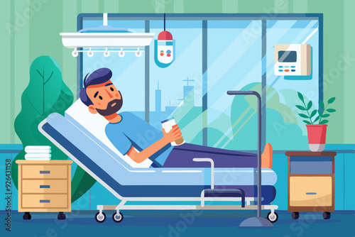 Sick man lies in bed in a ward in a hospital. Hospitalization of the patient
