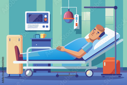 Sick man lies in bed in a ward in a hospital. Hospitalization of the patient
