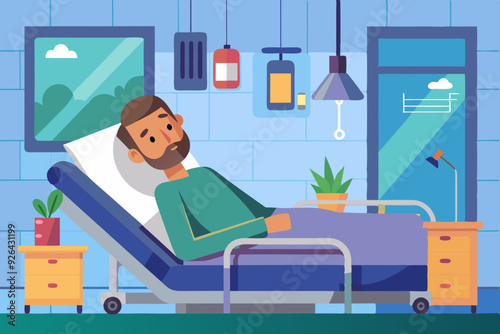 Sick man lies in bed in a ward in a hospital. Hospitalization of the patient
