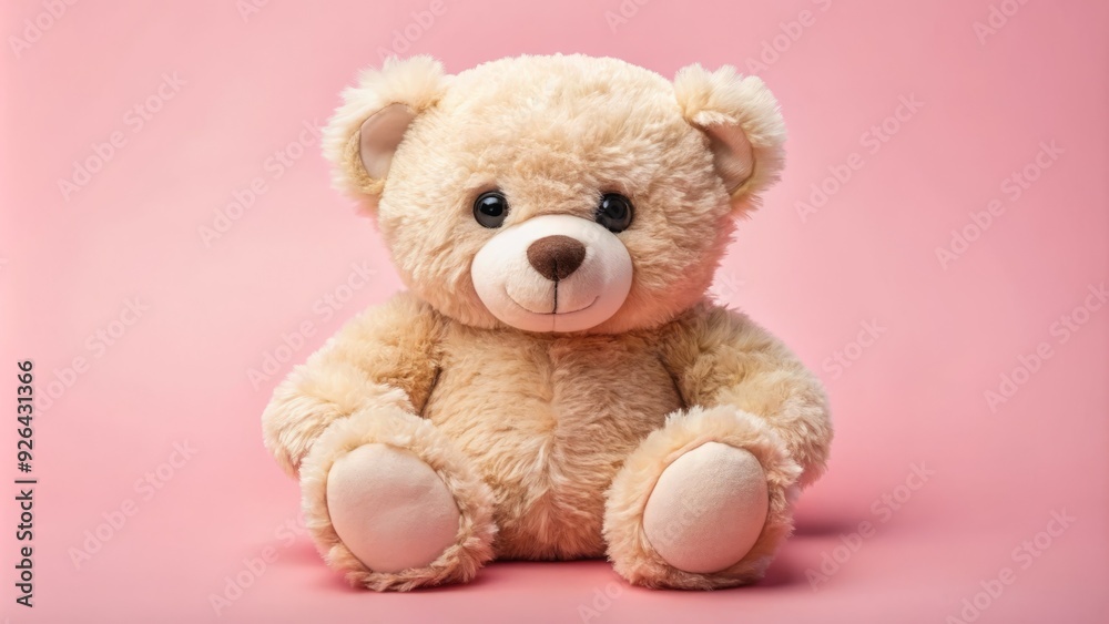 Adorable plush teddy bear with shiny brown eyes and soft creamy fur sits on a pastel pink background, looking sweet and endearing. Adorable plush teddy bear with shiny brown eyes and soft creamy fur sits on a pastel pink background, looking sweet and endearing.