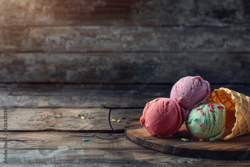 Composition with colorful ice-cream scoops and waffle cone on wooden background Composition with colorful ice-cream scoops and waffle cone on wooden background
