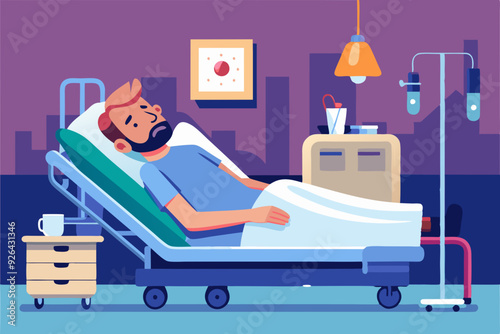 Sick man lies in bed in a ward in a hospital. Hospitalization of the patient
