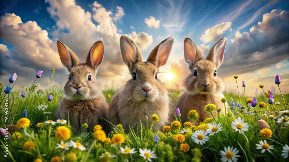 Adorable rabbits with fluffy fur and twitching noses graze peacefully ...