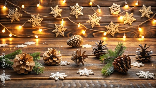 Adorable snowflakes and pinecones surround a twinkling string of fairy lights on a rustic wooden table, evoking a warm and cozy winter holiday atmosphere. photo