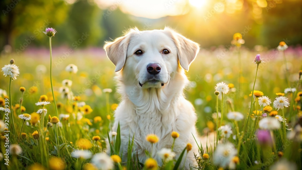 Adorable white dog with floppy ears and bright brown eyes sits on a green meadow, surrounded by blooming wildflowers on a sunny summer day. Adorable white dog with floppy ears and bright brown eyes sits on a green meadow, surrounded by blooming wildflowers on a sunny summer day.